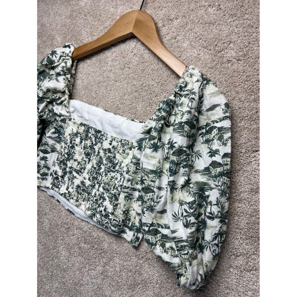 Abercrombie Fitch Smocked Square Neck Crop Top NWT Puff Sleeve Linen Tropical XS - Picture 8 of 10